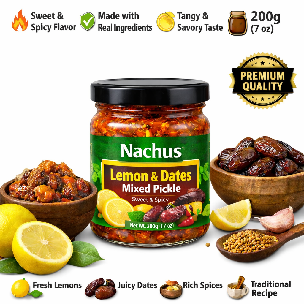 Nachus Lemon & Dates Mixed Pickle 200g – Sweet & Spicy Homemade Style Pickle – Traditional Recipe with Real Lemon & Dates – No Artificial Flavours