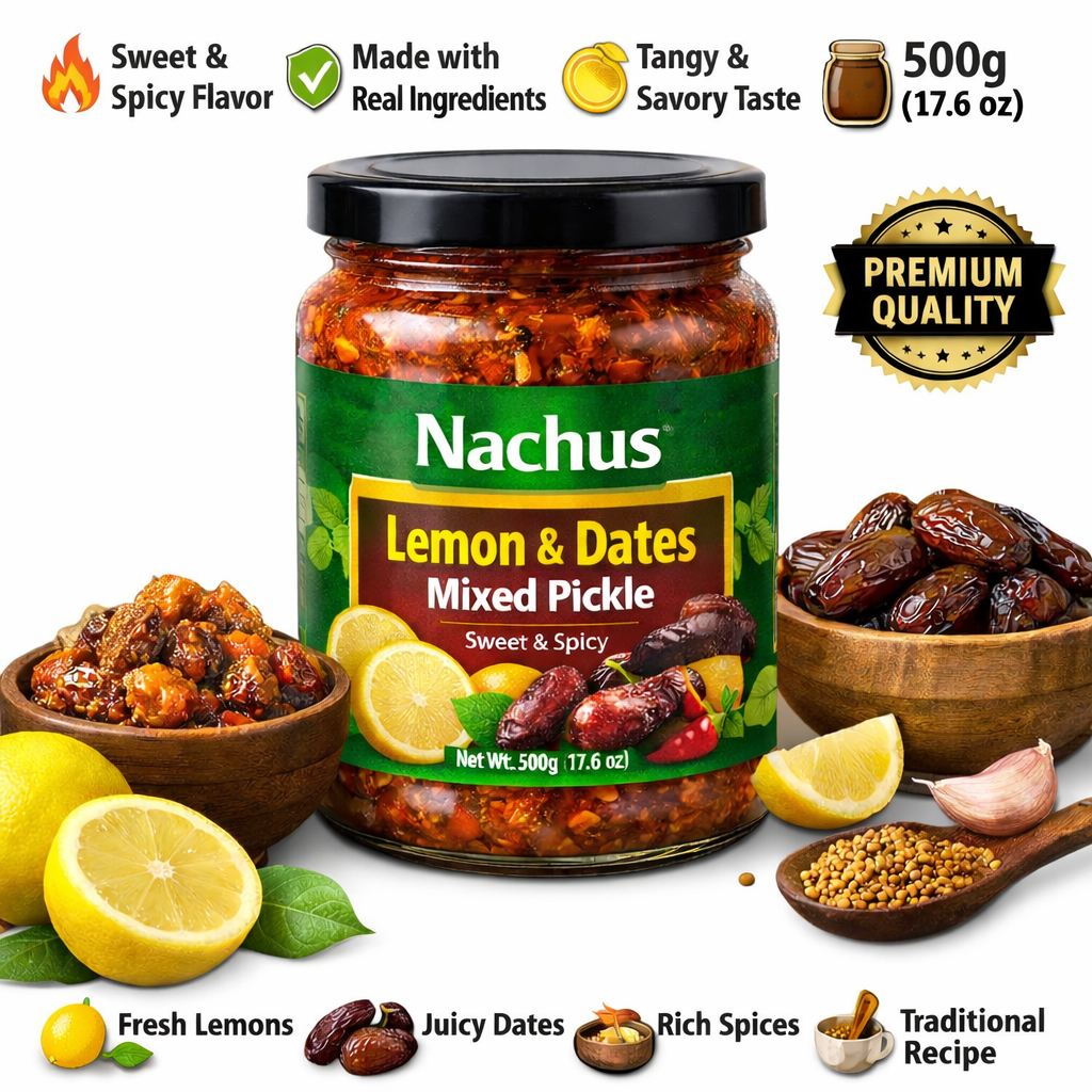 Nachus Lemon & Dates Mixed Pickle 500g – Sweet & Spicy Homemade Style Pickle – Traditional Recipe with Real Lemon & Dates – No Artificial Flavours