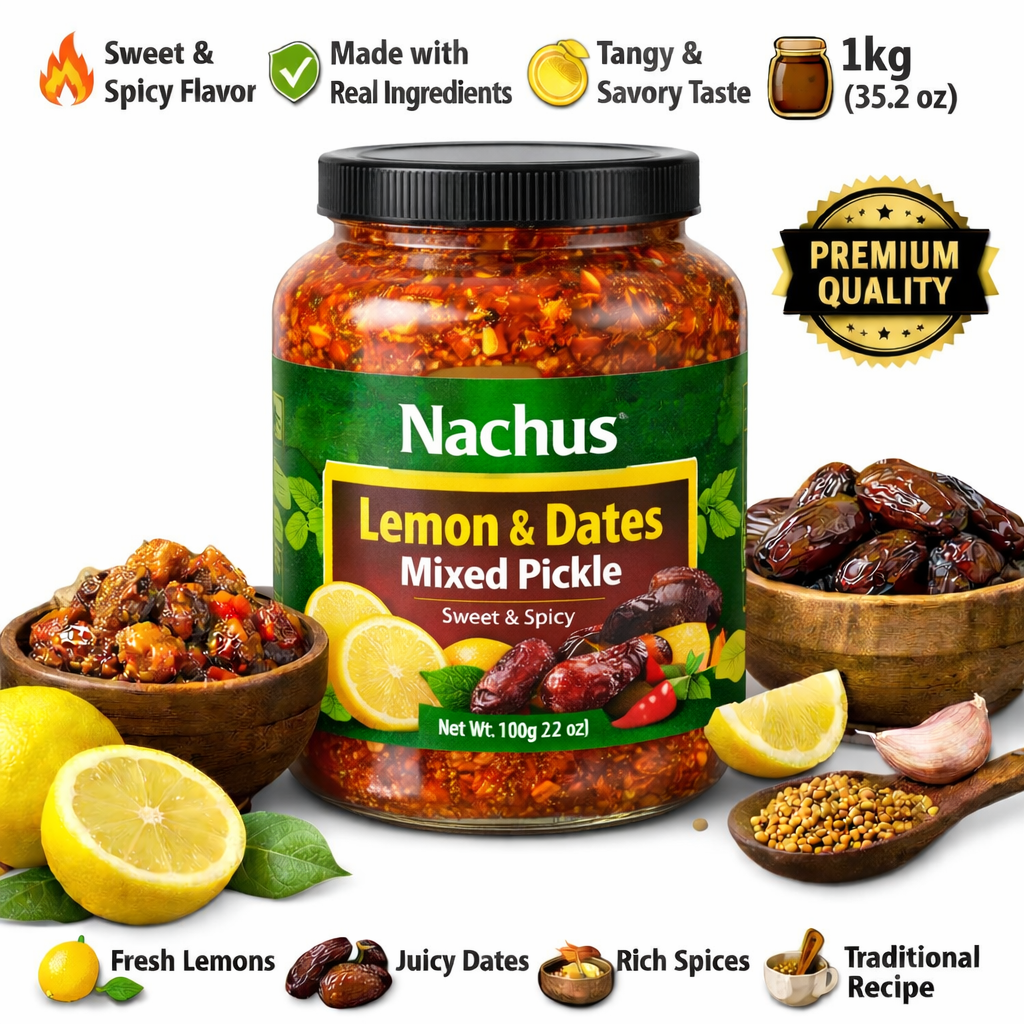 Nachus Lemon & Dates Mixed Pickle 1kg – Sweet & Spicy Homemade Style Pickle – Traditional Recipe with Real Lemon & Dates – No Artificial Flavours